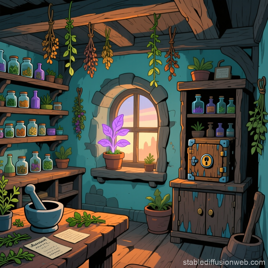 Cozy Medieval Herbalist Workshop with Hanging Herbs