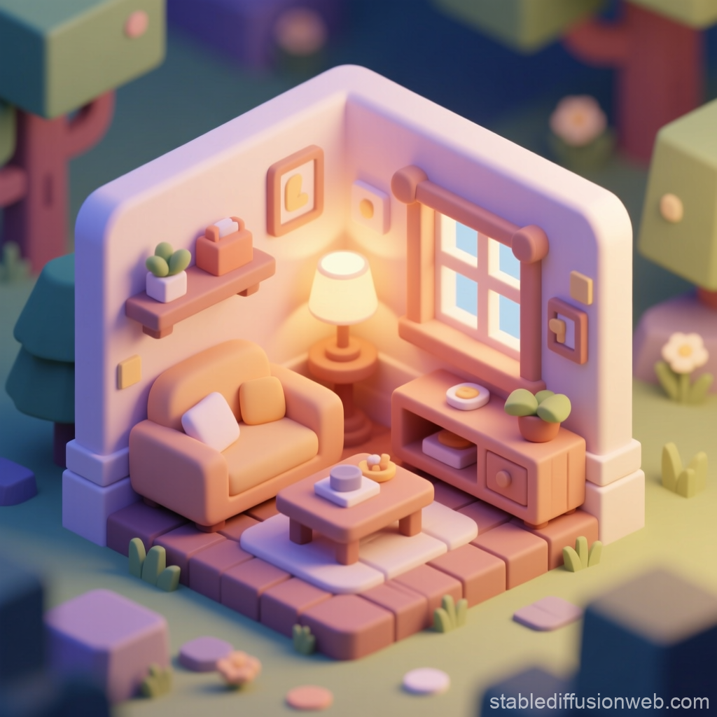 Cozy Miniature Living Room Game Asset in Soft Pastel Colors