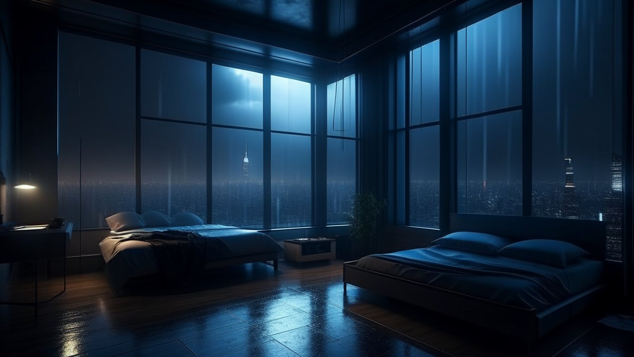 Cozy Modern Bedroom with City Night View