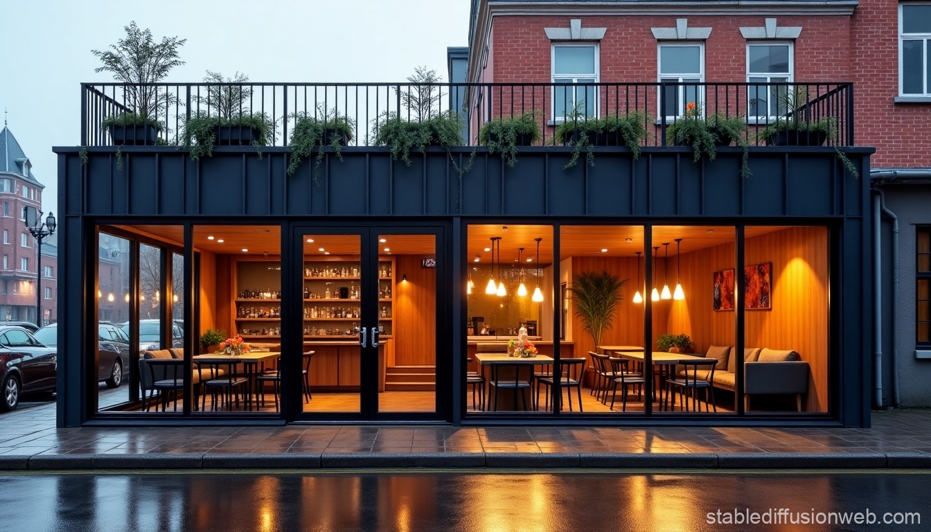 Cozy Modern Cafe with Warm Interior Lighting