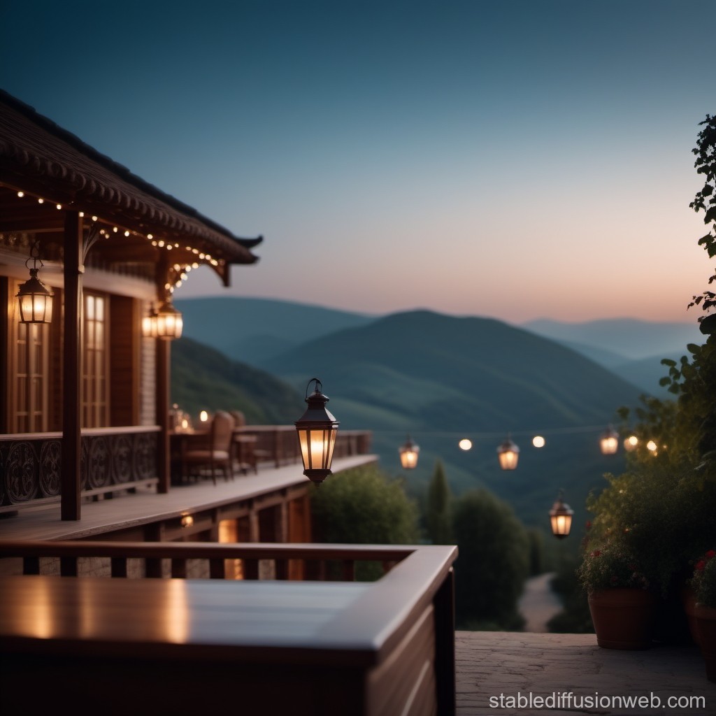 Cozy Mountain Lodge at Dusk with Warm Lantern Lights