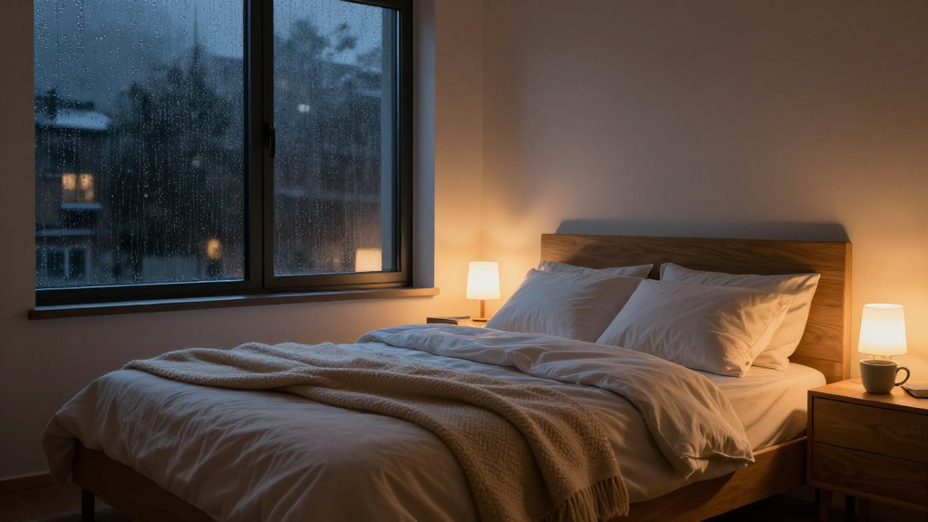 Cozy Night Bedroom with Warm Lighting and Rainy Window