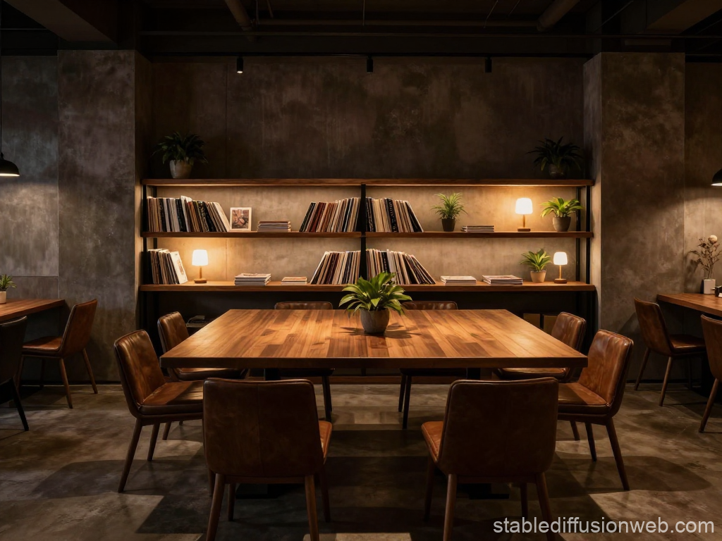 Cozy Night Cafe Interior with Warm Lighting and Wooden Furniture