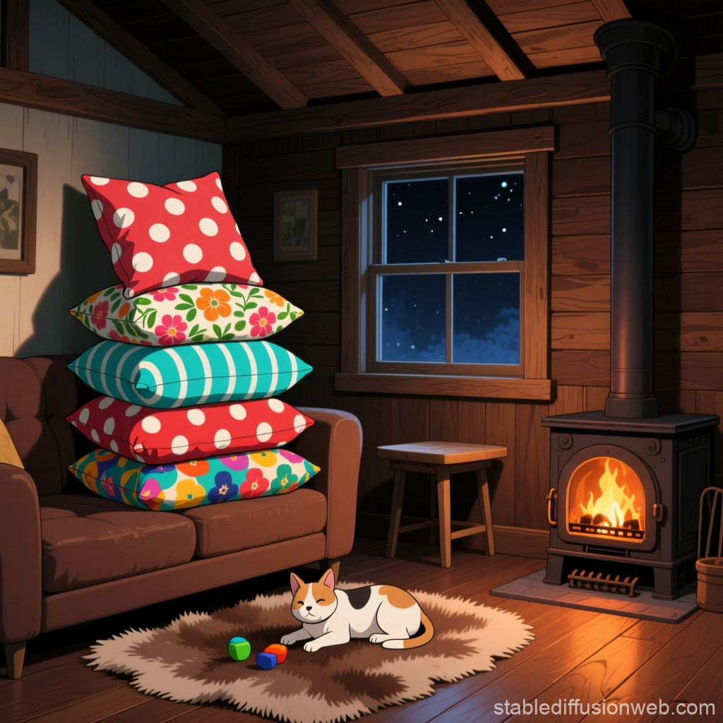 Cozy Night in a Warm Cabin with a Sleeping Cat