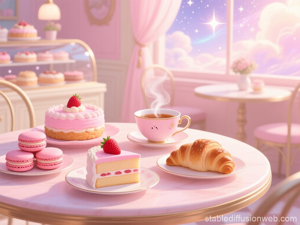 Cozy Pastel Bakery Table with Tea and Pastries