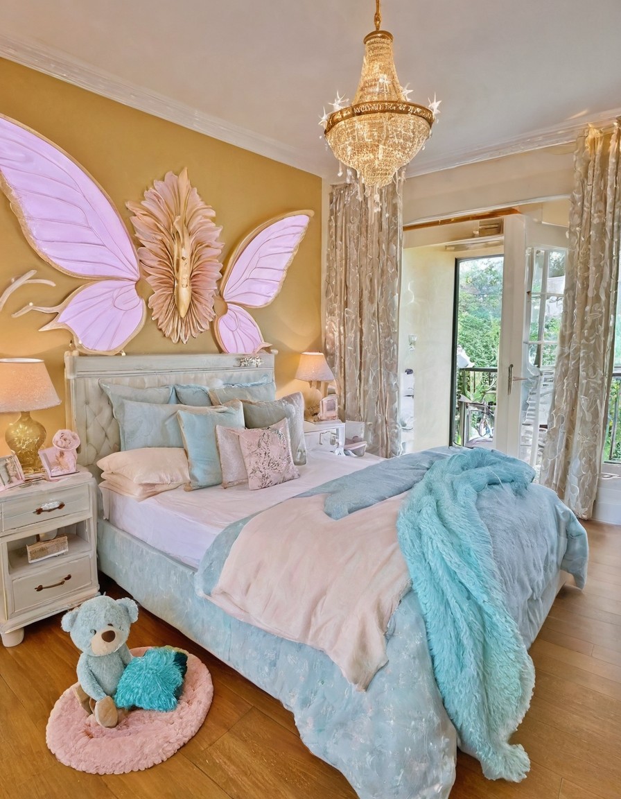 Cozy Pastel Bedroom with Butterfly Wall Art and Plush Decor