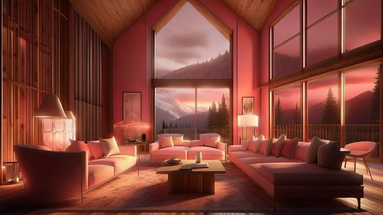 Cozy Pink Living Room with Mountain View at Sunset