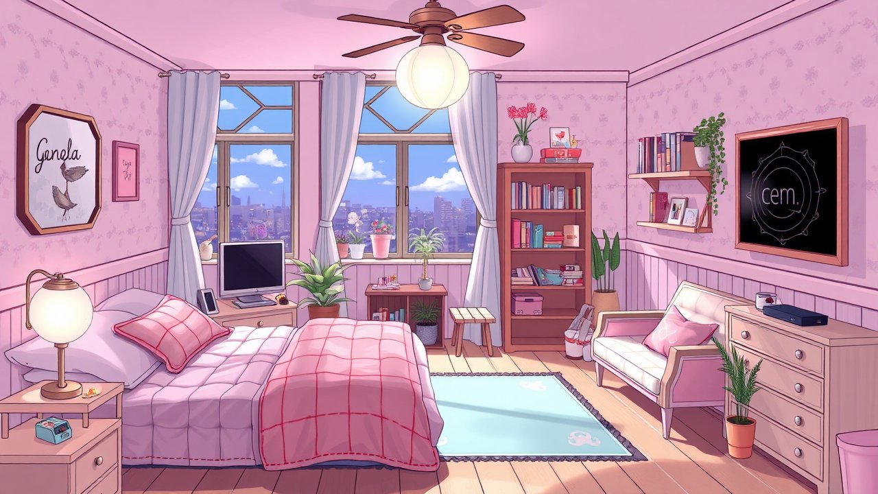 Cozy Pink-Themed Bedroom with City View in Anime Style