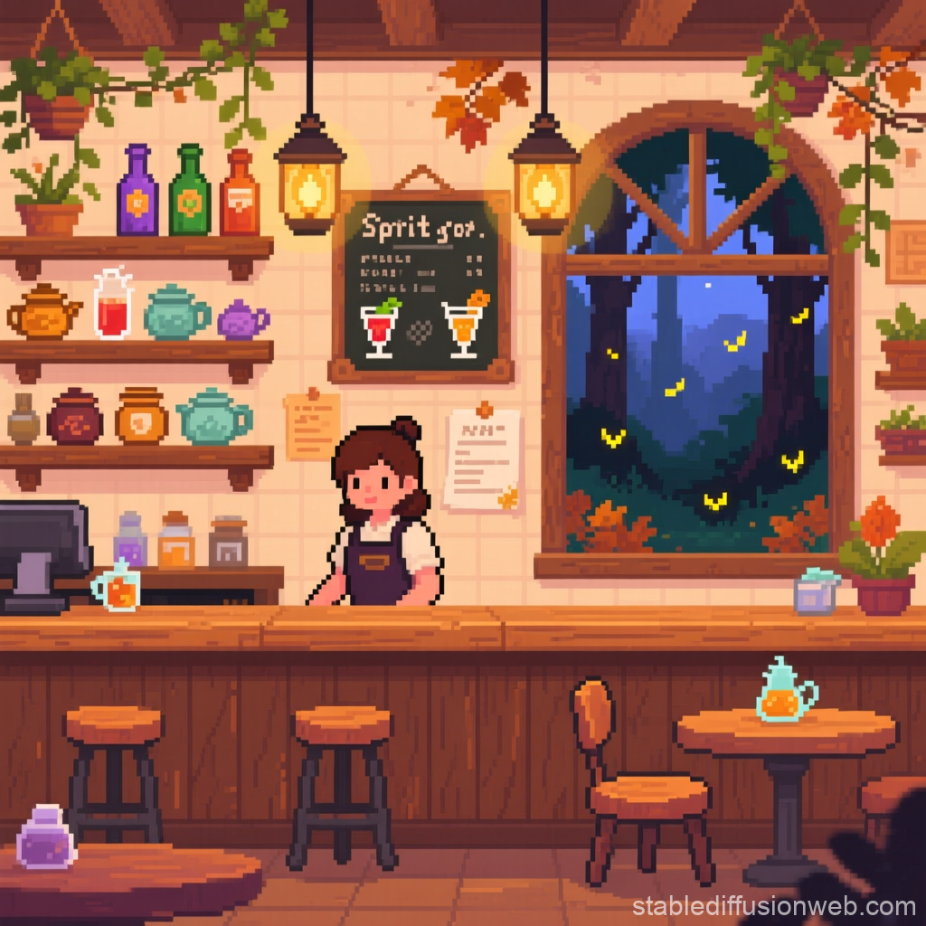 Cozy Pixel Art Fantasy Spirit Cafe Interior