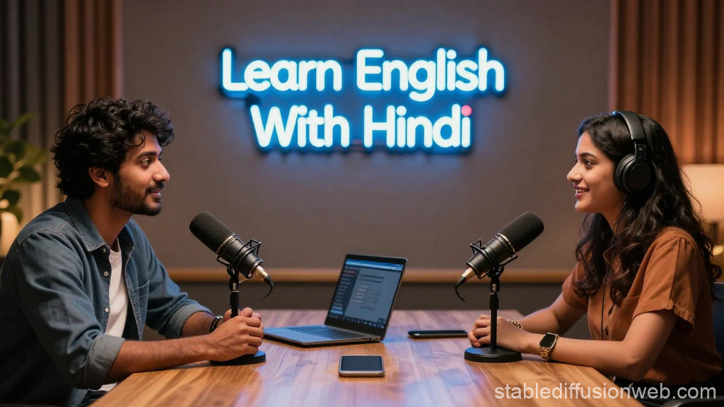 Cozy Podcast Studio for Learning English with Hindi