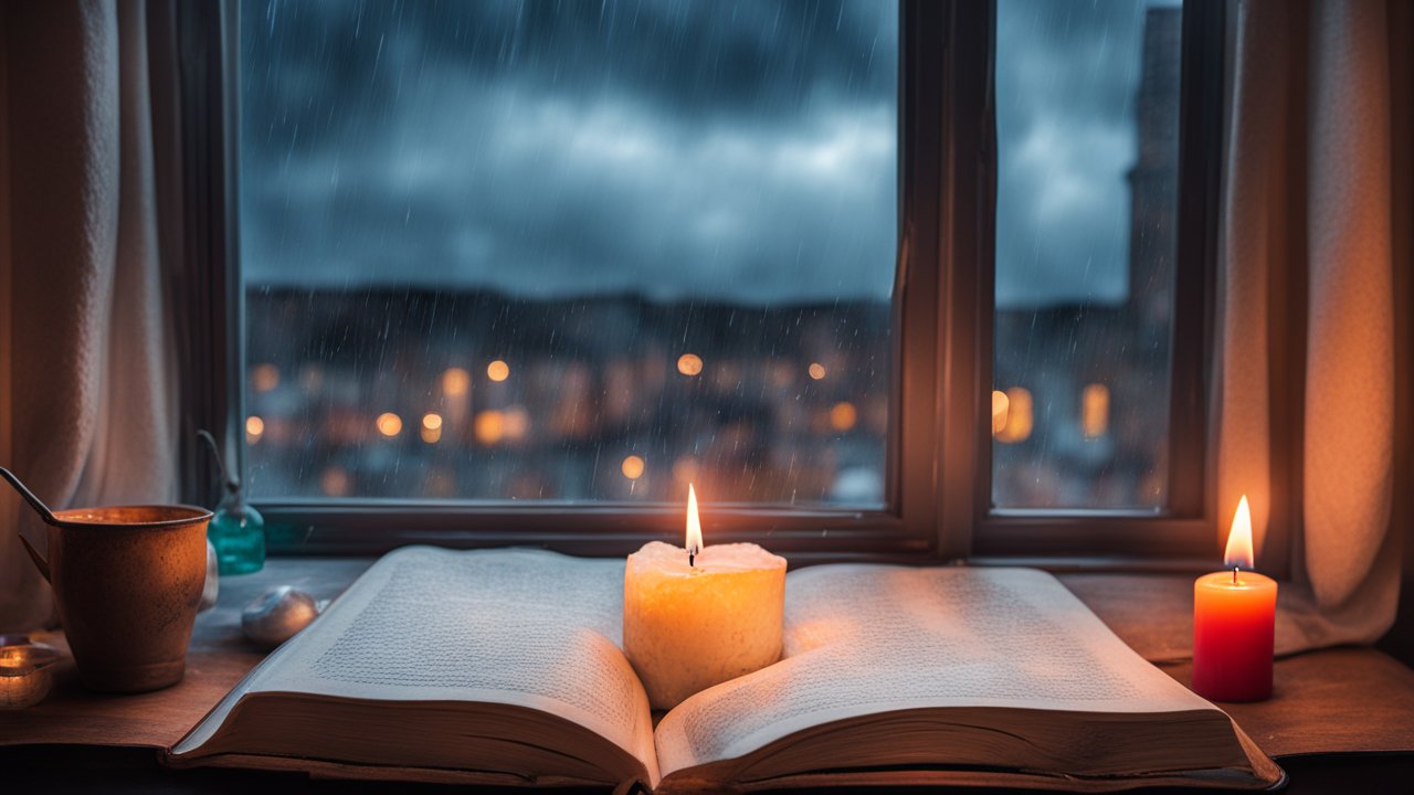 Cozy Reading Nook by Rainy Window with Candlelight