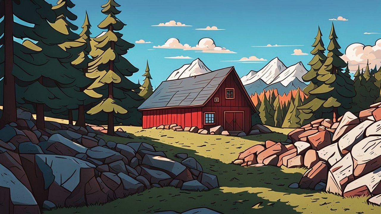 Cozy Red Cabin in Mountain Forest Landscape