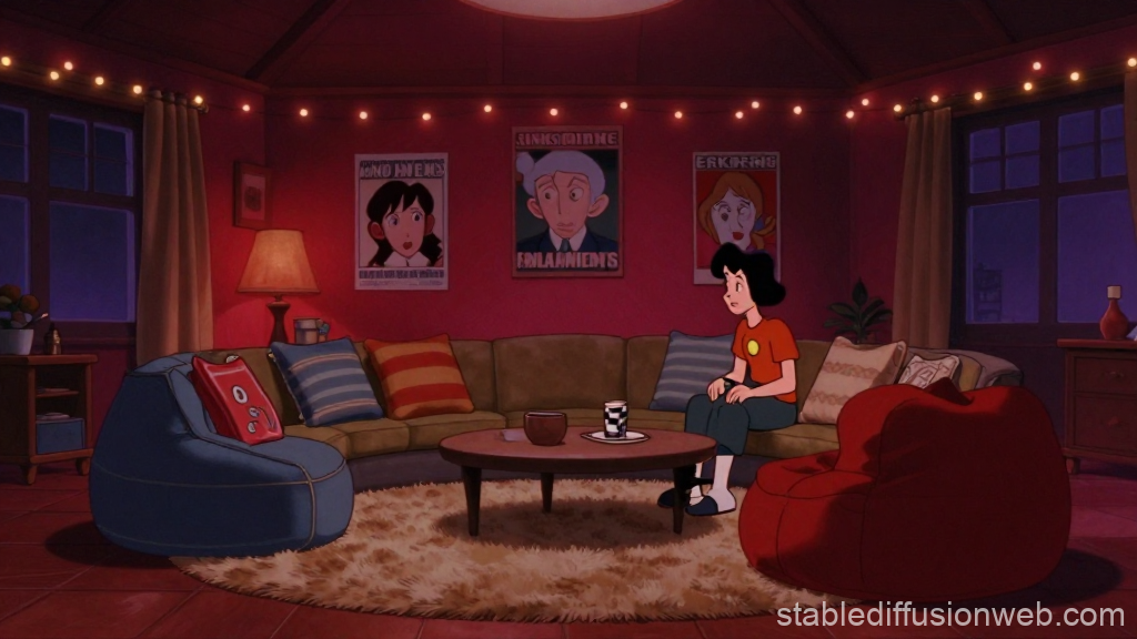 Cozy Retro Conversation Pit with Animated Character