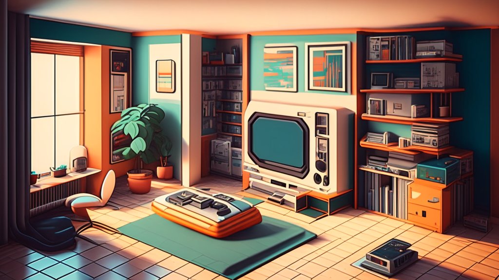 Cozy Retro Gaming Room with Vintage Console and Modern Decor