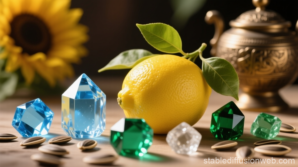 Cozy Retro Still Life with Lemon and Gemstones