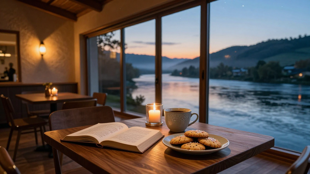 Cozy Riverside Cafe at Dusk with Book and Cookies