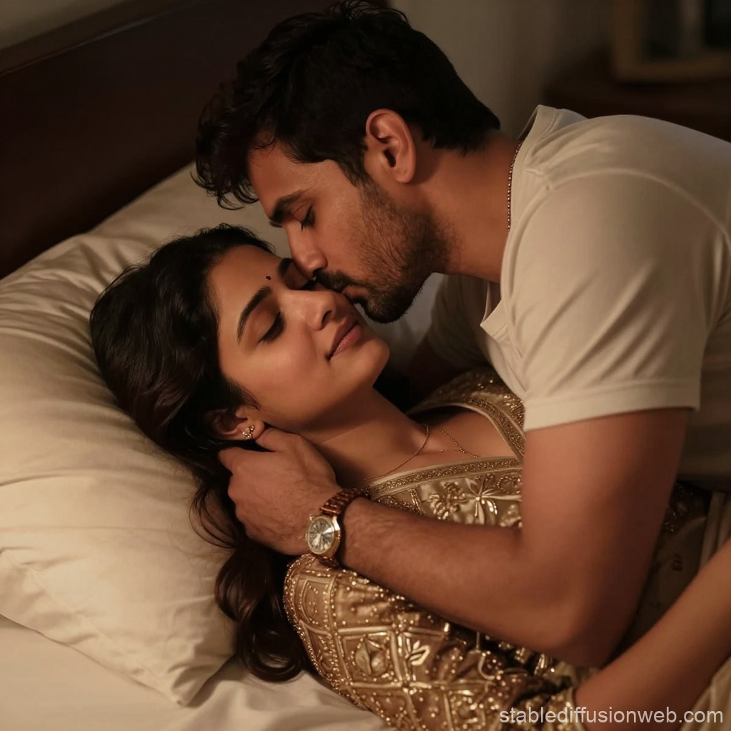 Cozy Romantic Bedtime Kiss Between Couple