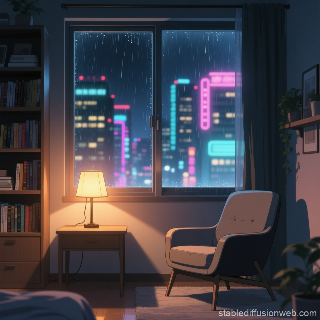 Cozy Room with Rainy Night City View