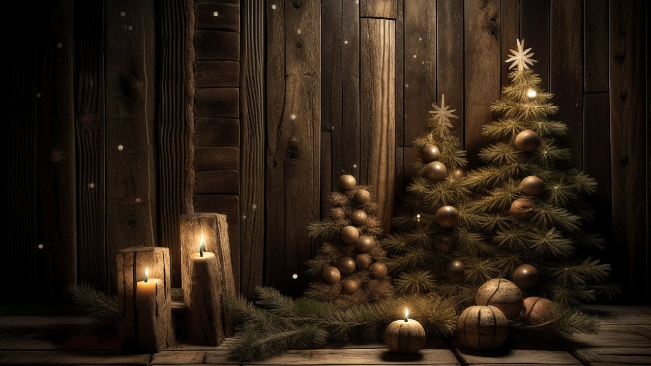 Cozy Rustic Christmas Scene with Candles and Miniature Trees