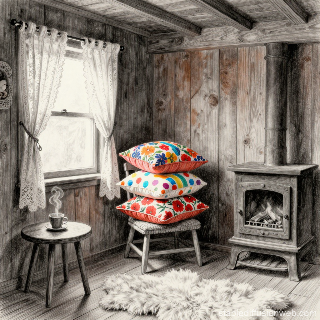 Cozy Rustic Room with Colorful Pillows and Wood Stove