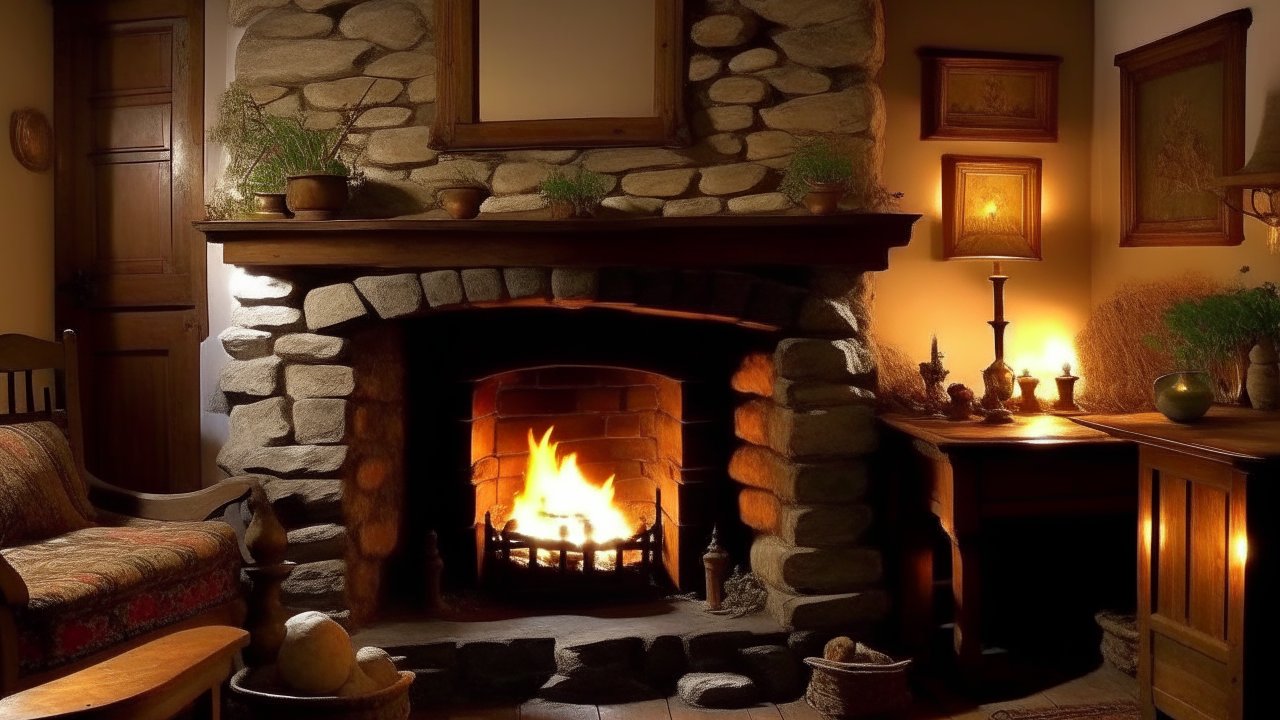 Cozy Rustic Stone Fireplace in Warmly Lit Room