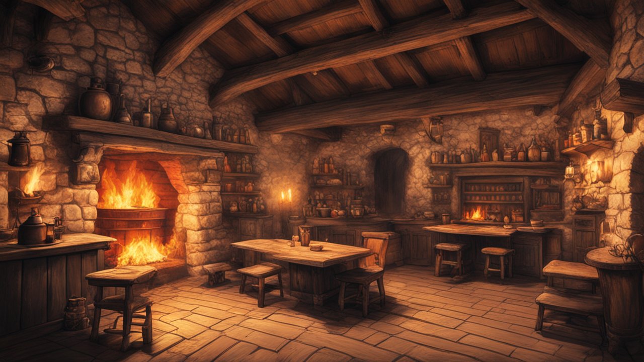 Cozy Rustic Tavern Interior with Warm Fireplace