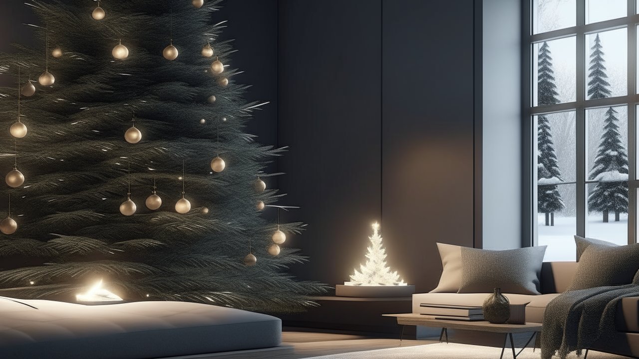 Cozy Scandinavian Living Room with Christmas Tree and Snowy View