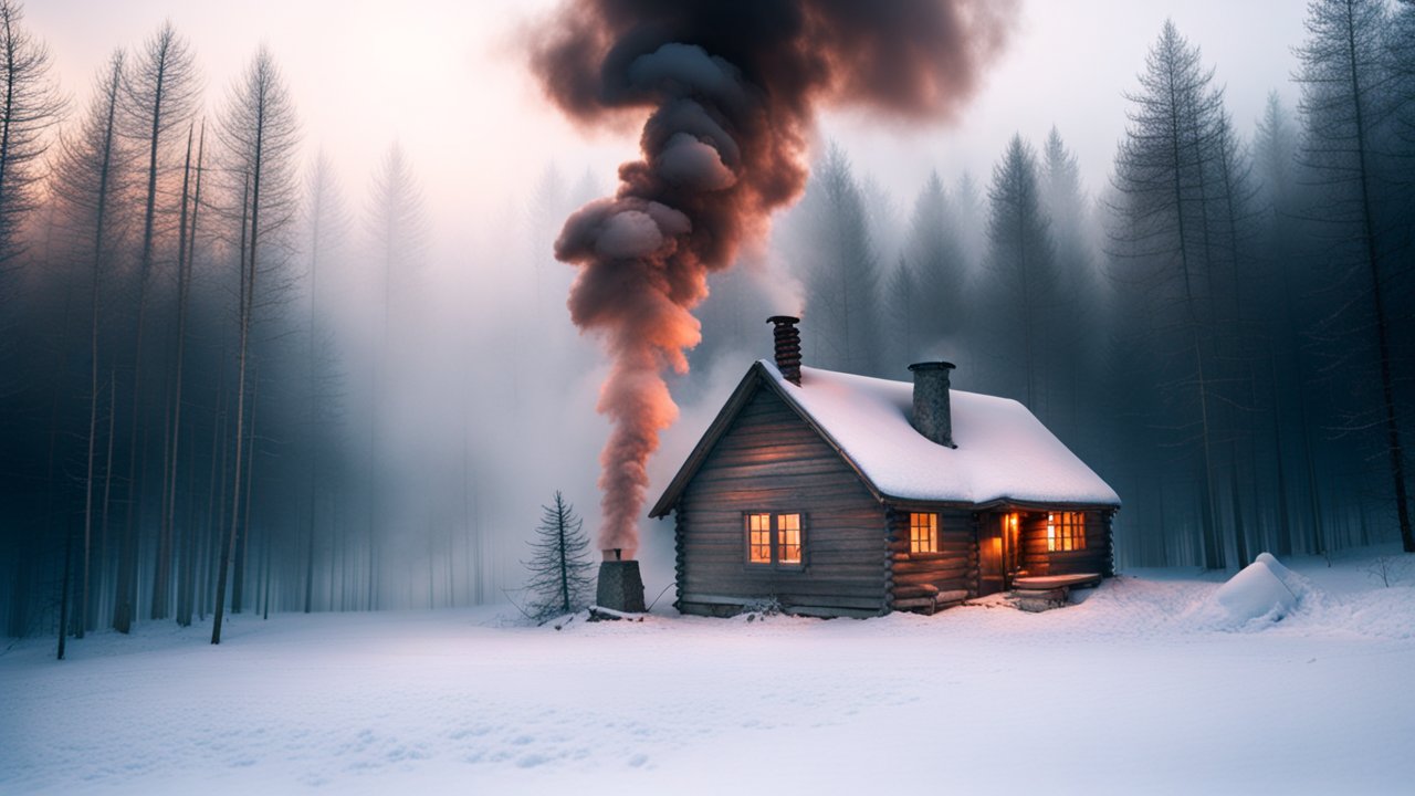 Cozy Snow-Covered Cabin in a Misty Winter Forest