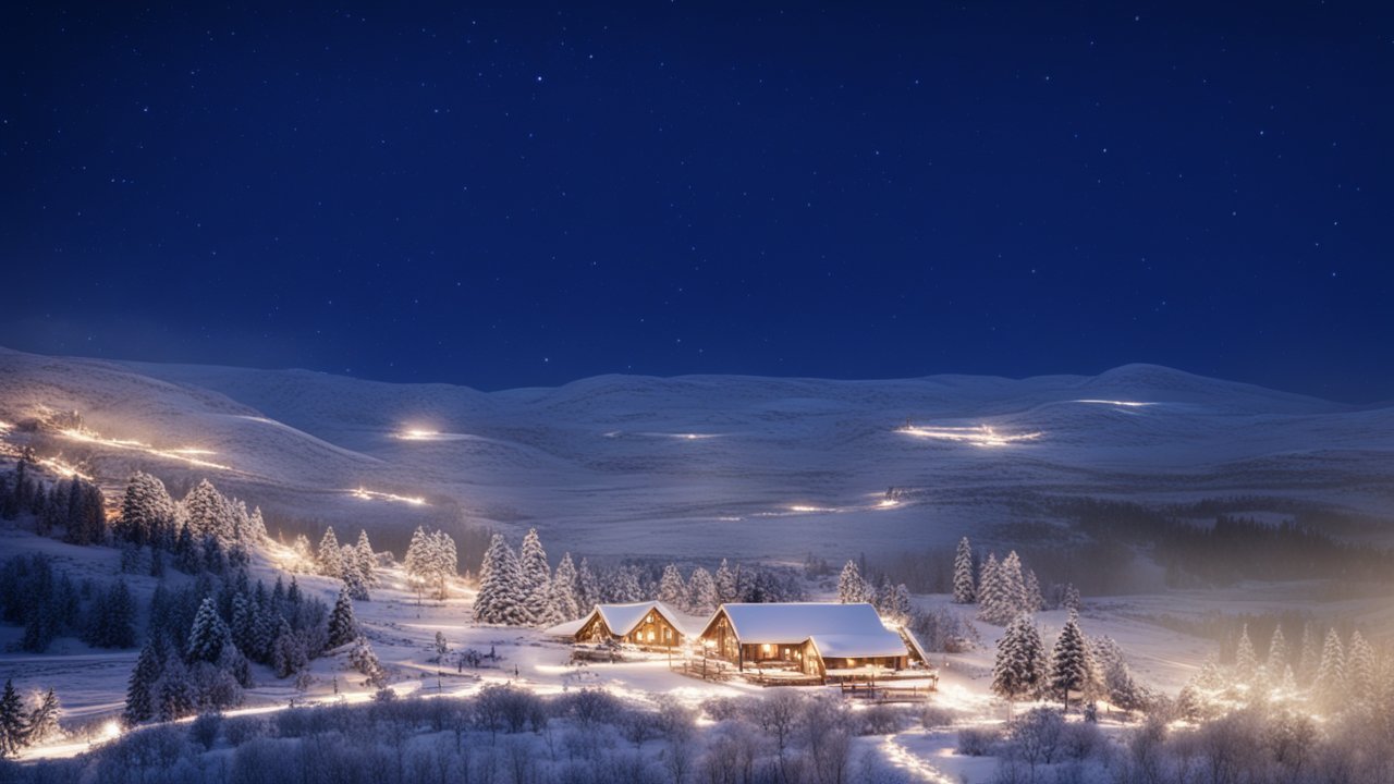Cozy Snow-Covered Cabins Under a Starry Night Sky