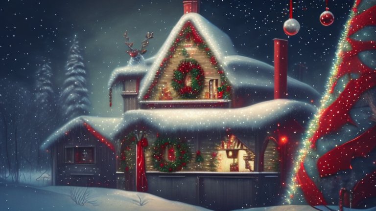 Cozy Snow-Covered Christmas Cottage at Night