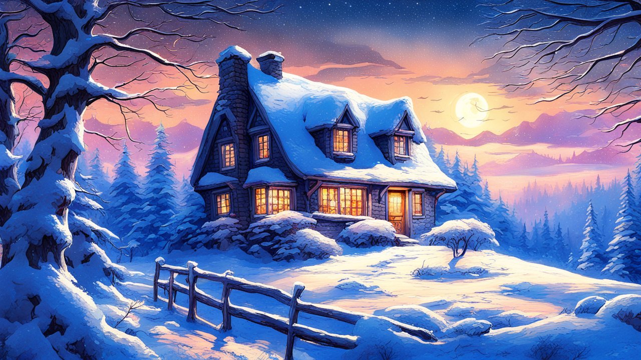 Cozy Snow-Covered Cottage at Sunset in Winter Woods