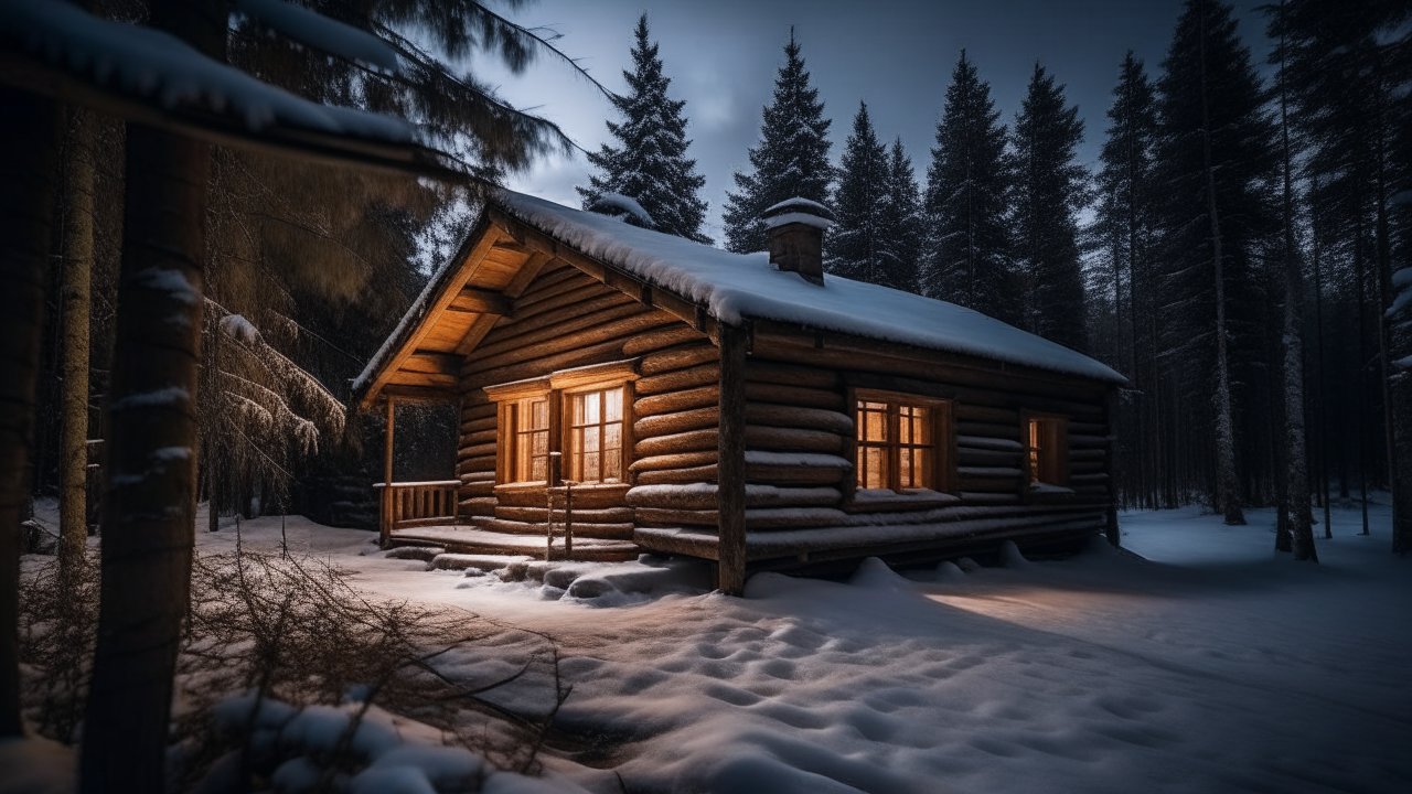 Cozy Snow-Covered Log Cabin in a Dark Winter Forest