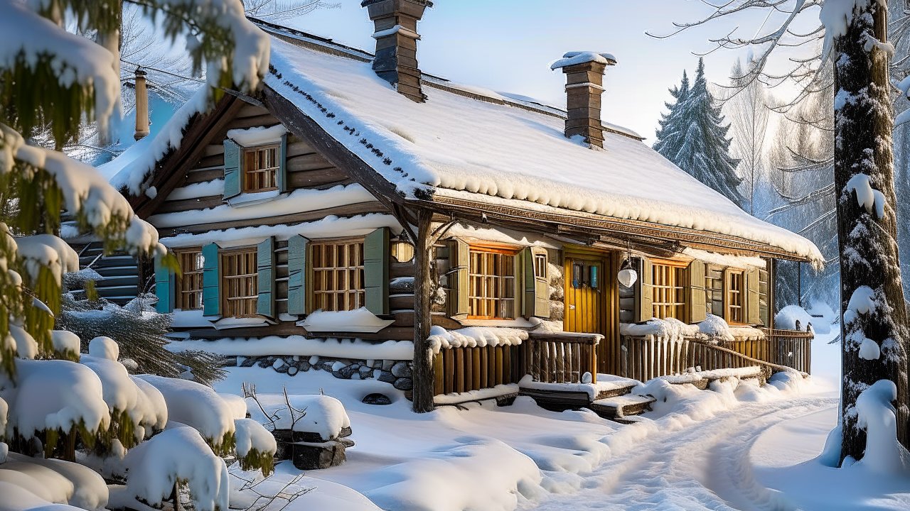 Cozy Snow-Covered Log Cabin in Winter Forest