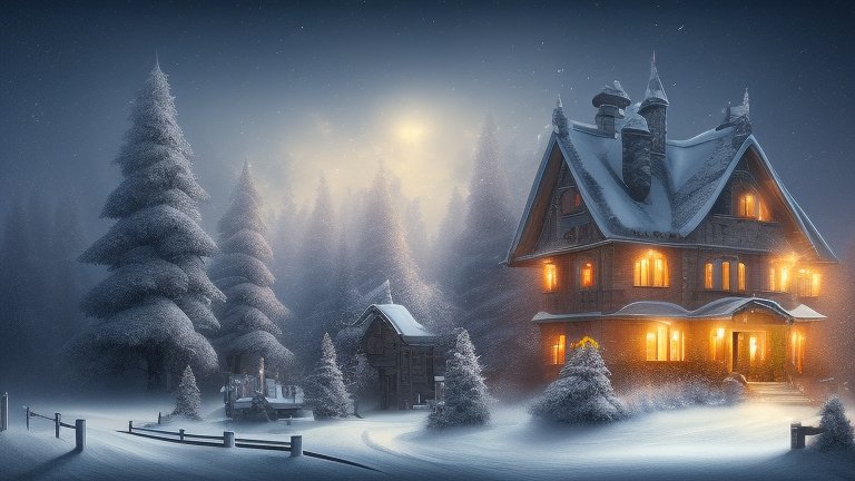 Cozy Snowy Cabin in a Winter Forest at Night