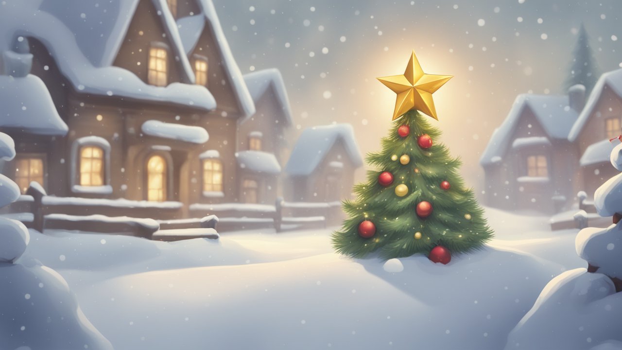 Cozy Snowy Village with Decorated Christmas Tree