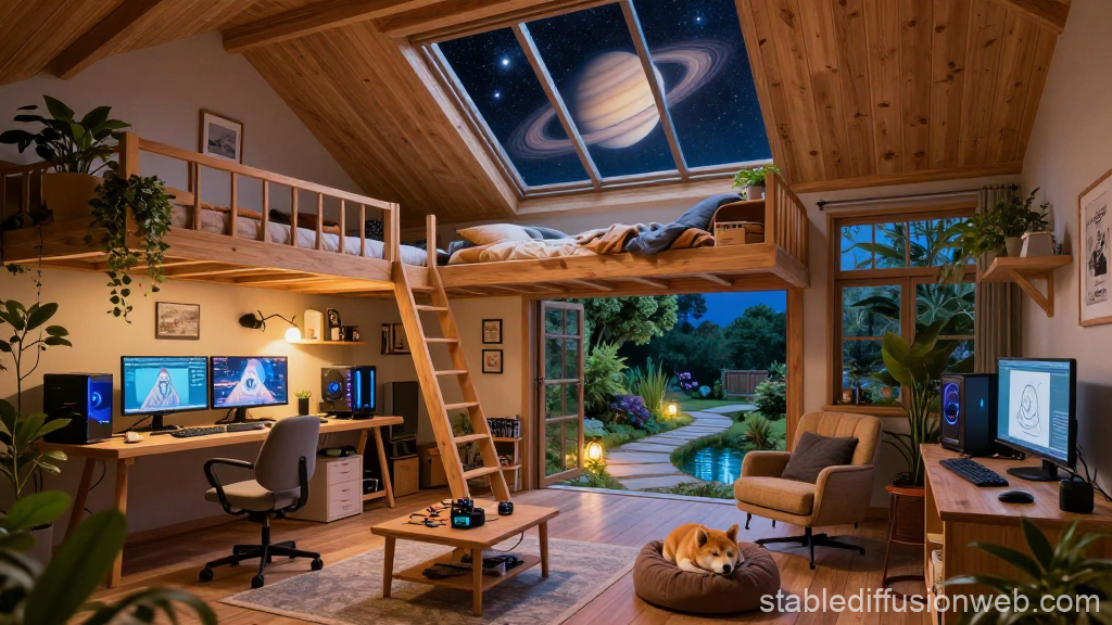 Cozy Solarpunk Living Room with Futuristic Space View