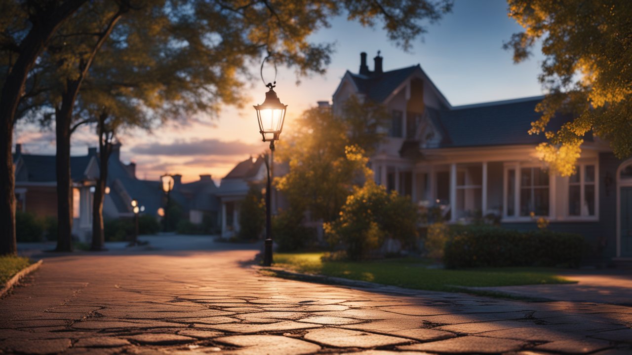 Cozy Suburban Street at Sunset with Warm Lamp Light