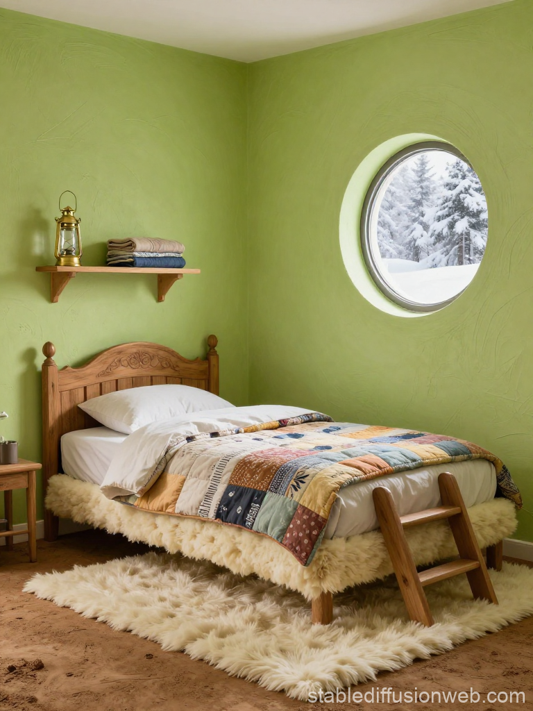 Cozy Tiny Bedroom with Round Window and Patchwork Quilt