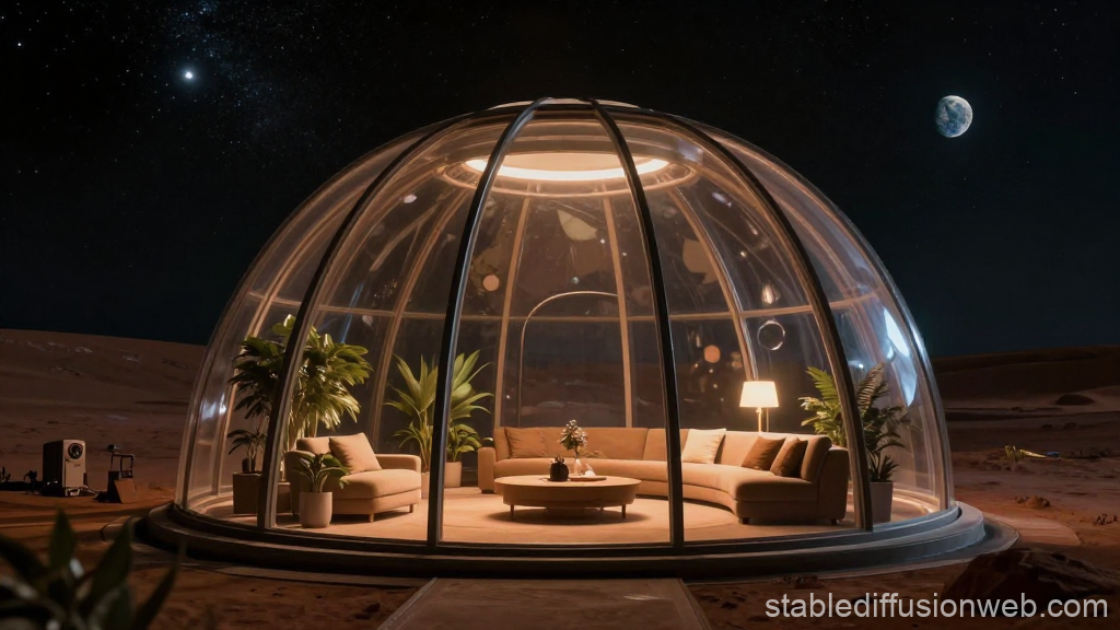 Cozy Transparent Dome Living Room on Mars at Night
