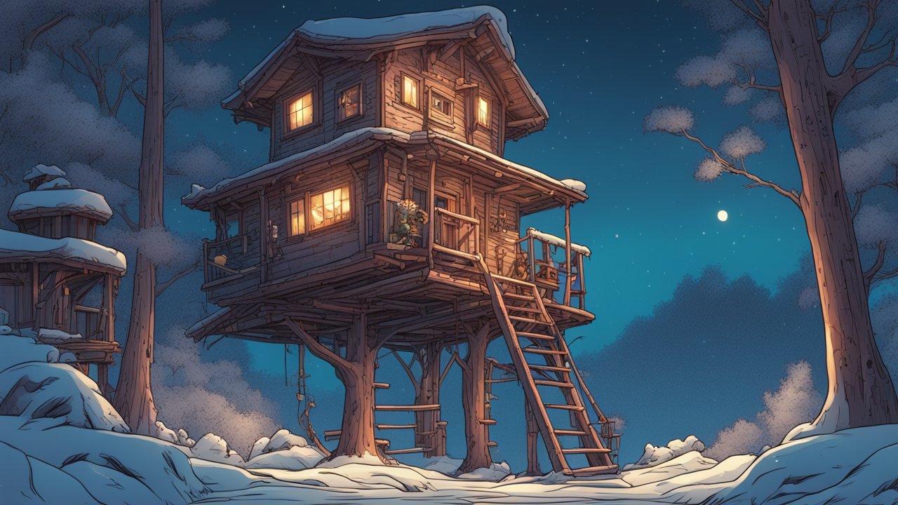 Cozy Treehouse at Night in Winter