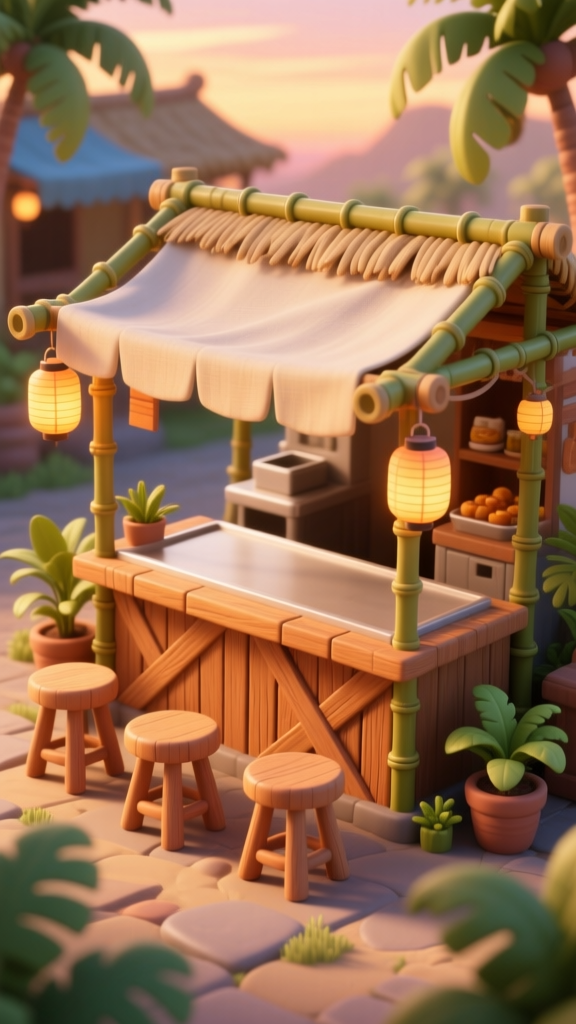 Cozy Tropical Market Stall at Sunset