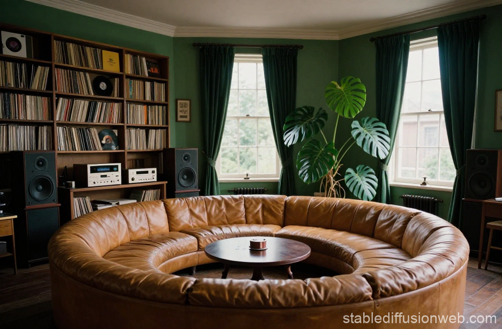 Cozy Victorian Villa Music Room with Circular Leather Sofa
