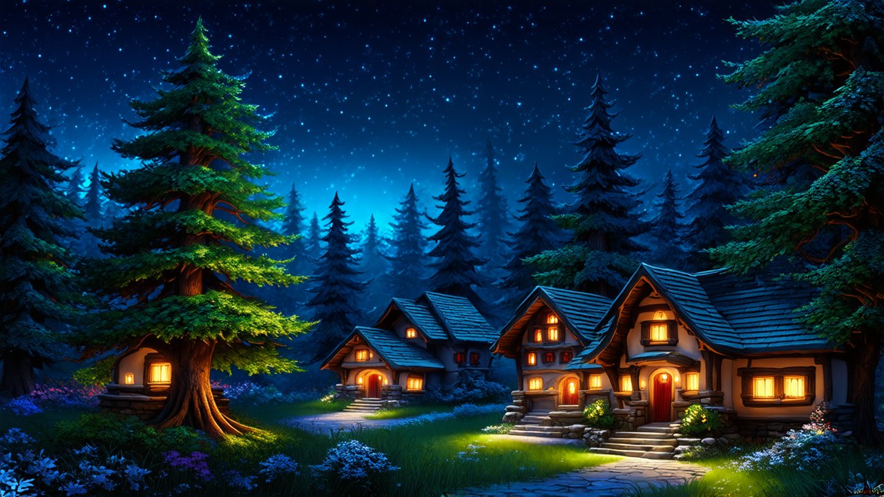 Cozy Village at Night in Enchanted Forest
