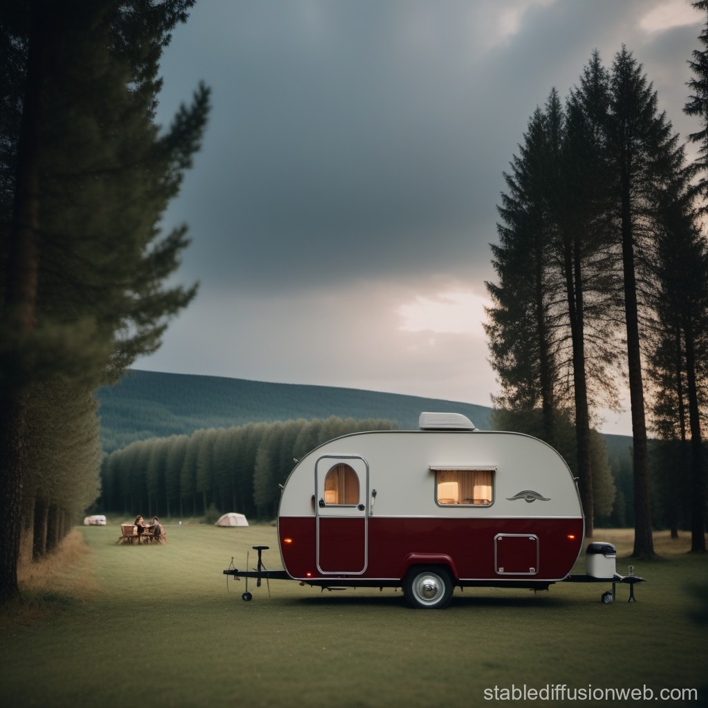 Cozy Vintage Camper in Serene Forest Clearing at Dusk