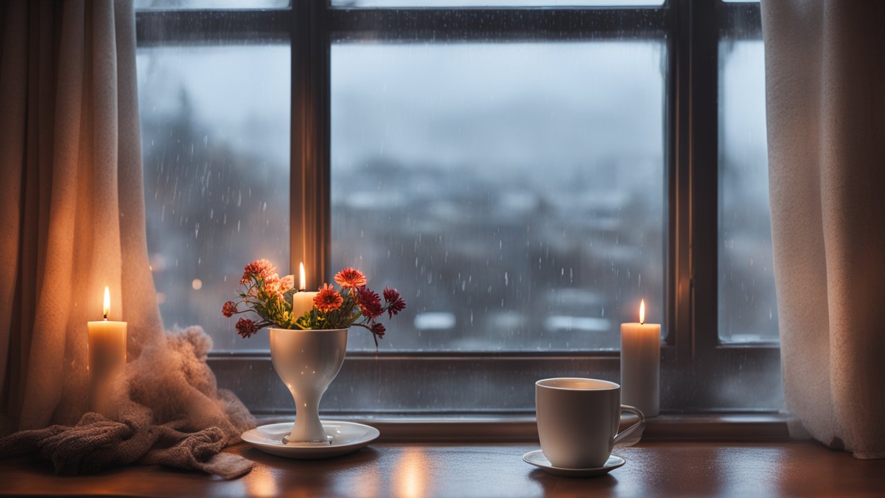Cozy Window Scene with Candles and Flowers on a Rainy Day