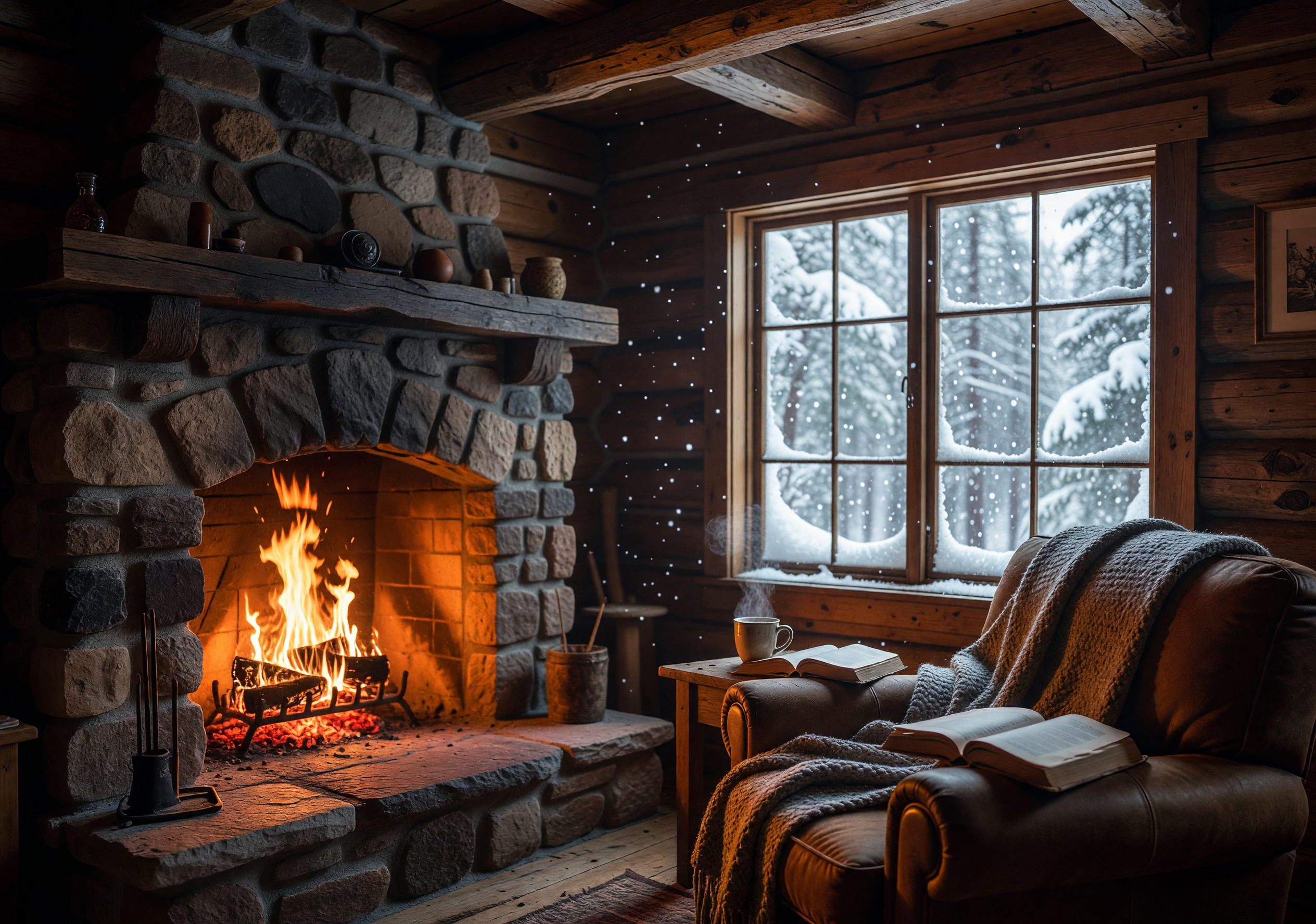 Cozy Winter Cabin Interior with Fireplace and Snowfall Outside