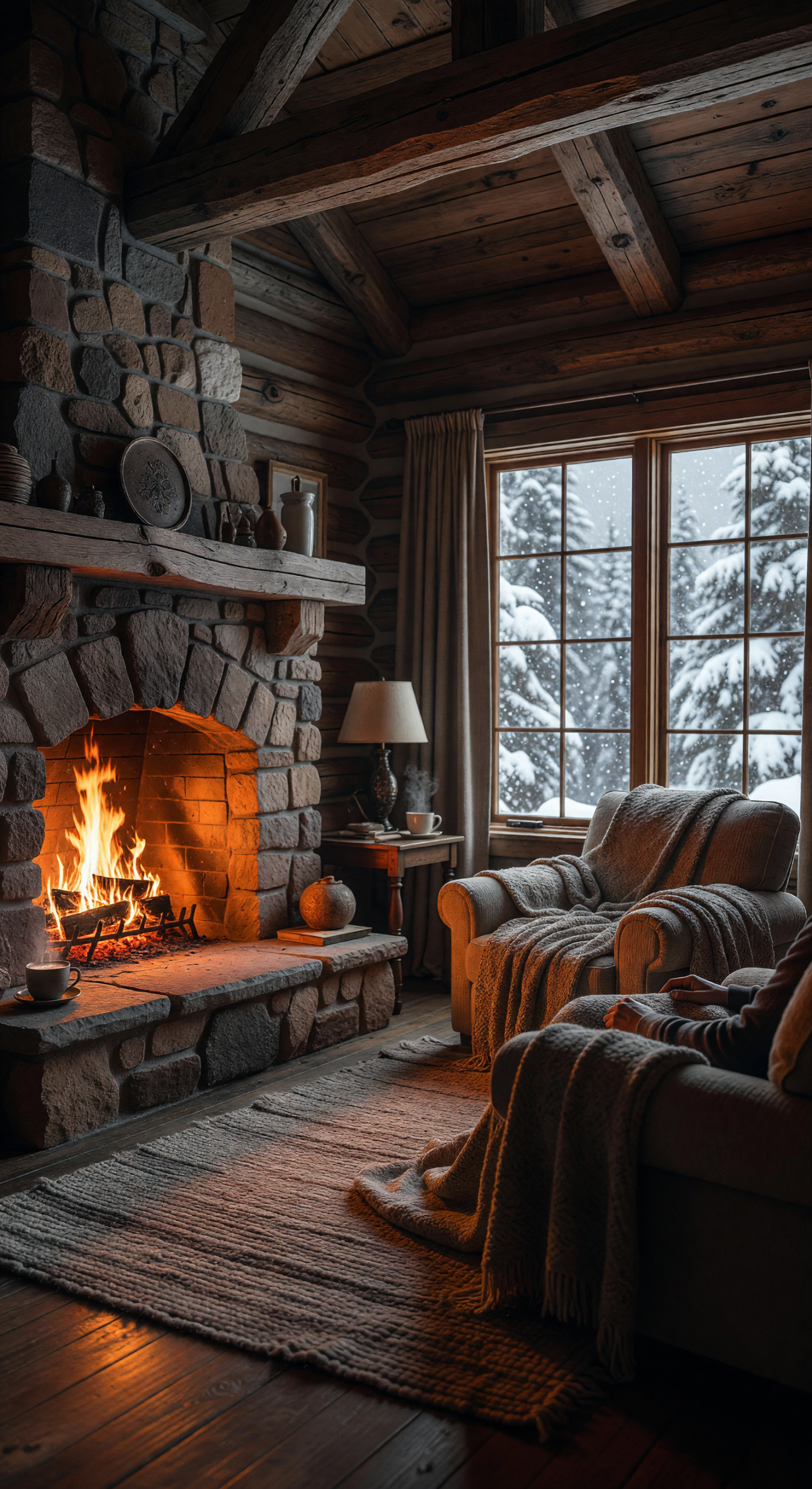 Cozy Winter Cabin Interior with Hearth Glow