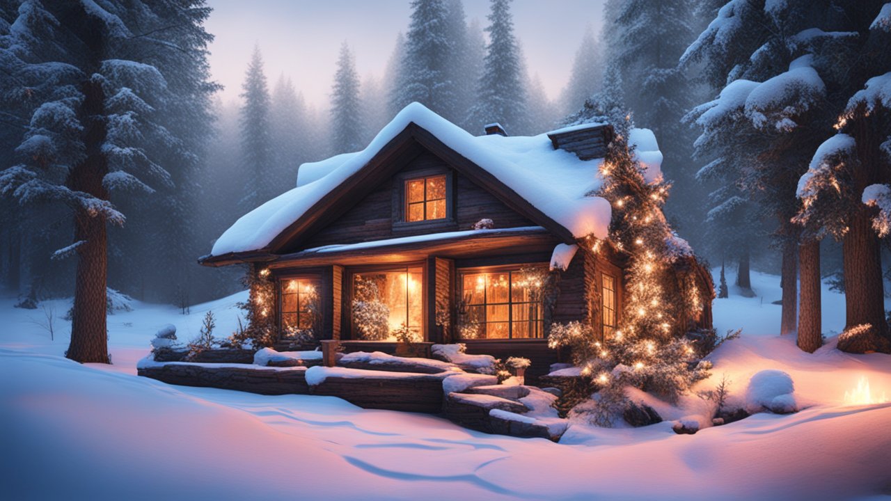 Cozy Winter Cabin Surrounded by Snowy Pine Trees