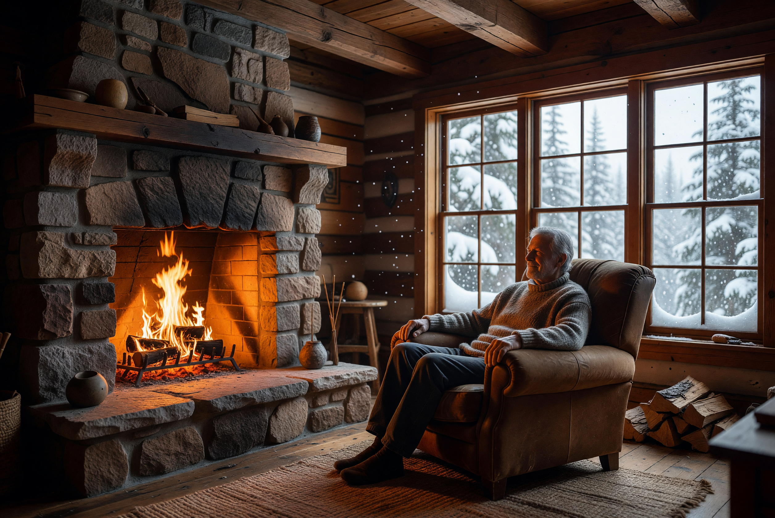 Cozy Winter Cabin with Firelight Glow
