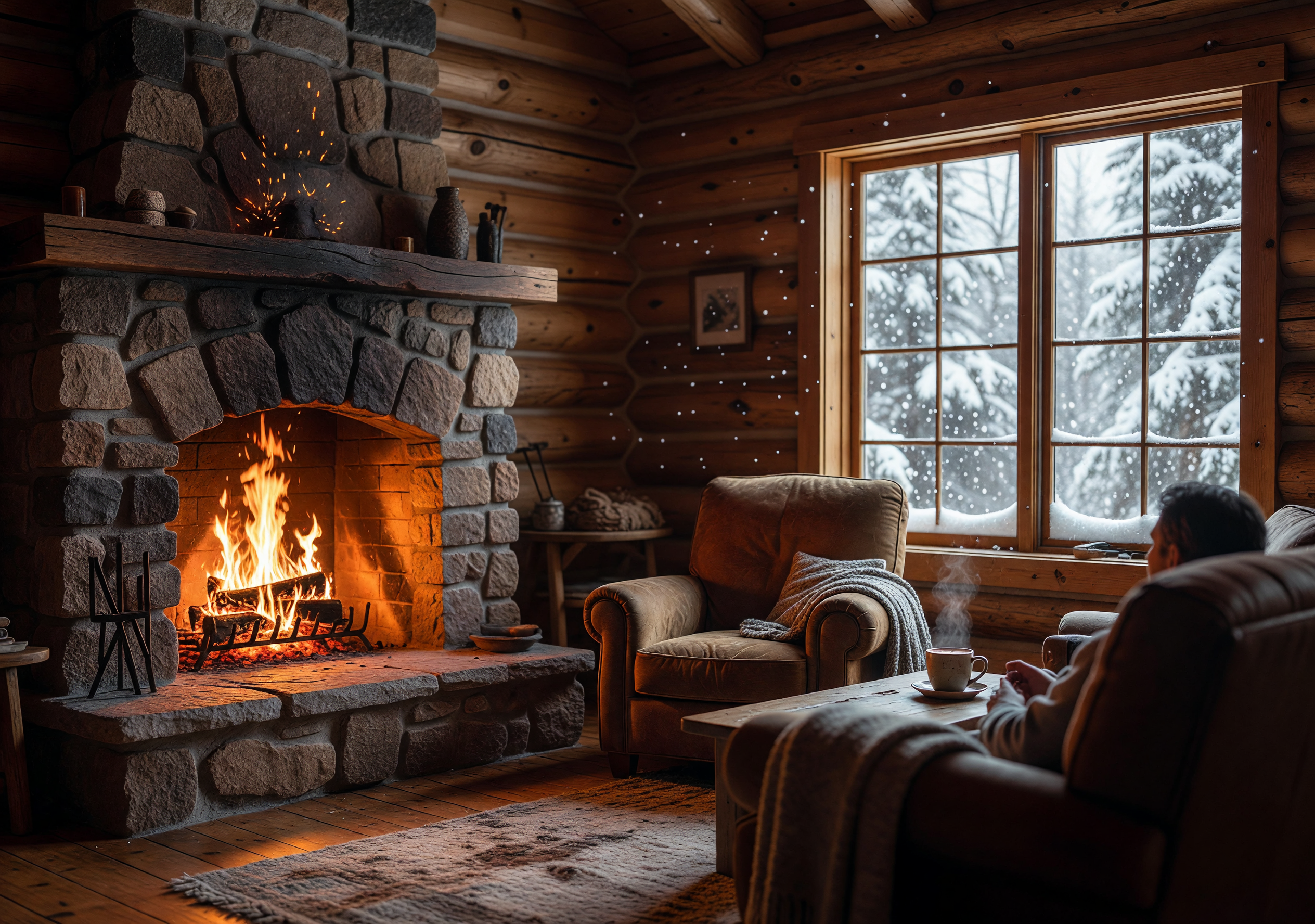 Cozy Winter Cabin with Stone Fireplace and Snowy Window View